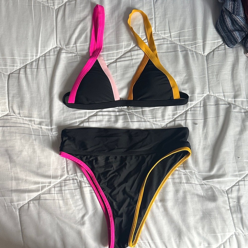 Black Bikini • Neon Pink + Yellow Contrast Trim • Size S